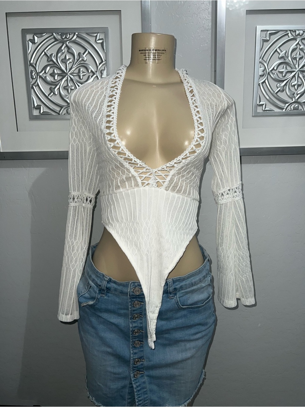 White Crochet-Trim Long Sleeve Deep V Bodysuit Top